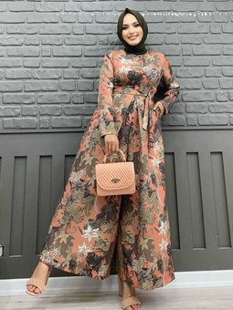 Güğüs Kısmı Gizli Düğmeli Bel Kuşaklı Baskı Desenli Tulum 3486 Gül Kurusu