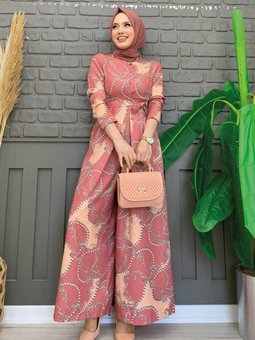 Güğüs Kısmı Gizli Düğmeli Bel Kuşaklı Desenli Tulum 3724 Gül Kurusu