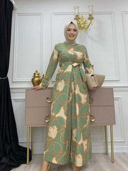 Güğüs Kısmı Gizli Düğmeli Bel Kuşaklı Desenli Tulum 3724 Mint