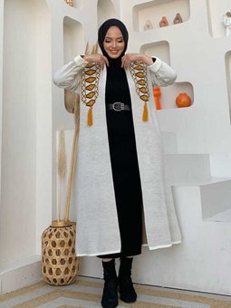 İncil Püskül Detay Desenli Triko Hırka 23301 Ekru