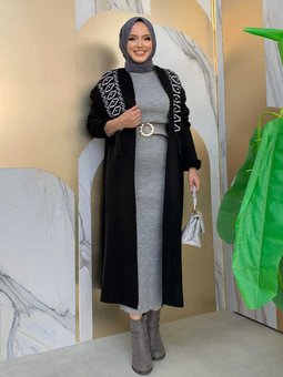 İncil Püskül Detay Desenli Triko Hırka 23301 Siyah