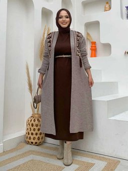 İncil Püskül Detay Desenli Triko Hırka 23301 Vizon