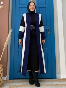 Kalın Şerit Desenli Renkli Triko Hırka 23313 Lacivert