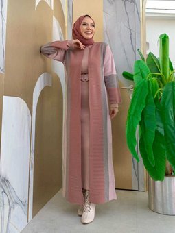 Kalın Şerit Desenli Renkli Triko Hırka 23313 Pudra