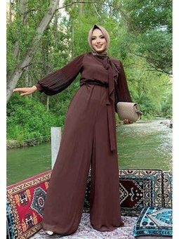 Kol Ve Yaka Pilise Detaylı Bel Kuşaklı Şifon Tulum 3507 Kahverengi