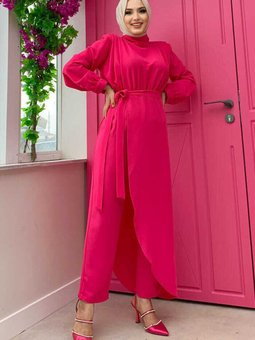 Parça Detaylı Omuzları Kat Detay Bel Kuşaklı Tulum 3742 Fuşya