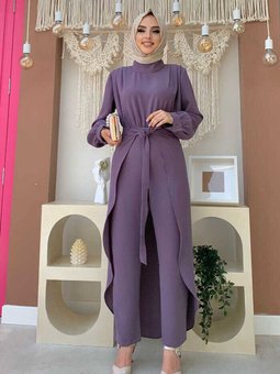 Parça Detaylı Omuzları Kat Detay Bel Kuşaklı Tulum 3742 Lila