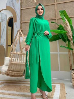 Parça Detaylı Omuzları Kat Detay Bel Kuşaklı Tulum 3742 Yeşil