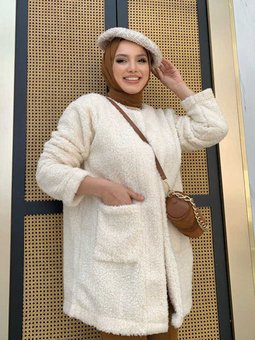 Peluş Cep Detay Triko Hırka 1102 Ekru
