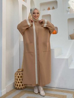 Şerit Gizli Düğmeli Cep Detay Triko Hırka 23308 Taba