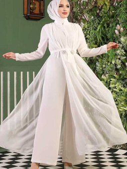 Şifon Pelerin Detay Bel Kuşaklı Tulum 3330 Ekru