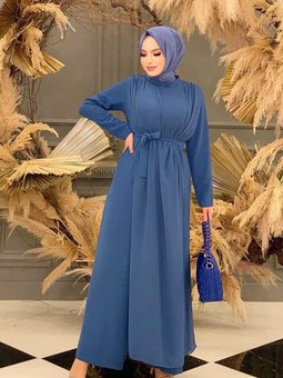 Şifon Pelerin Detay Bel Kuşaklı Tulum 3330 İndigo