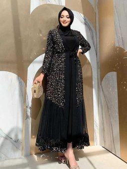 Tül İşleme Detay Pul Payetli Abaya 7376 Gold