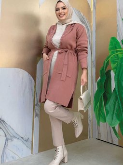 Yaka İnci Detay Bel Kuşaklı Triko Hırka 1617 Gül Kurusu