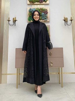 Yakalı Dantel Güpür Detay Abaya 7830 Siyah