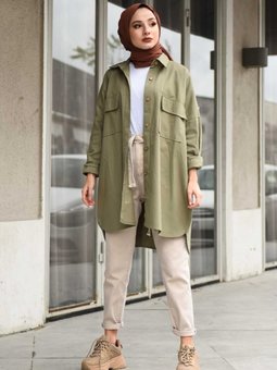 Çift Cep Kapaklı Oversize Gabardin Gömlek