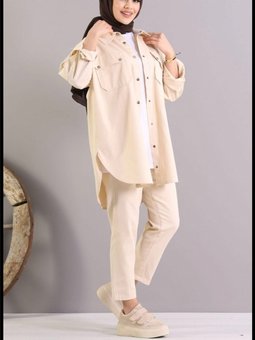 Çift Cepli Çıtçıtlı Oversize Gabardin Gömlek