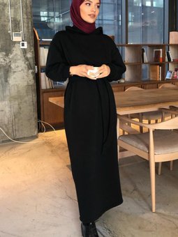 Siyah Kapuşonlu 3 Iplik Sweat Elbise