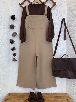 Sütlü Keten Salopet Tulum & Acı Kahve Crop Takım