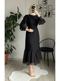 Siyah Pileli Şifon Elbise