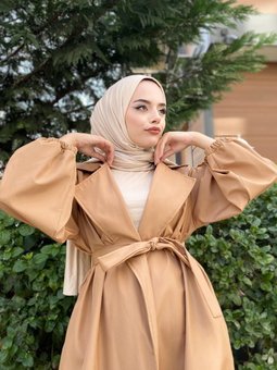 Belden Bağlamalı Hardal Balon Kol Trenç