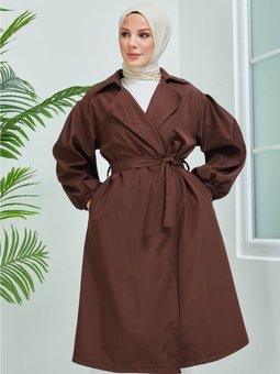Belden Bağlamalı Kahverengi Balon Kol Trenç