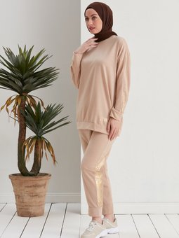 Varak Detaylı Eşofman Takımı Bej