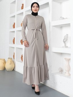 Fermuarlı Kuşaklı Bej Ferace