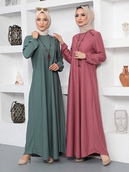 Kolyeli Bisiklet Yaka Gül Kurusu Elbise