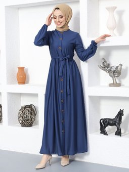 Önden Düğmeli Bisiklet Yaka İndigo Elbise