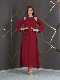 Bordo Taşlı Abiye Elbise