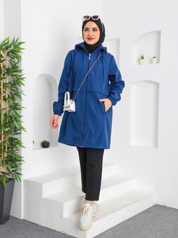 Lacivert Spor Kapişonlu Trenç