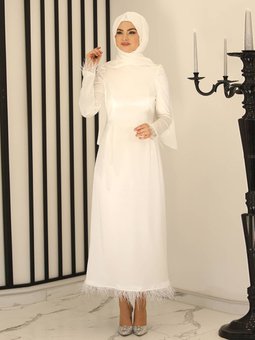 Tüy Detay Saten Kalem Ekru Abiye Elbise