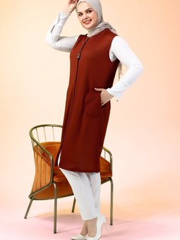 Kadin Tesettur Giyim Uzun Yazlik Cepli Fermuarli Yelek Kiremit