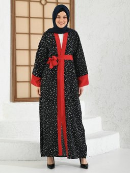 Siyah Bordo Pat Ve Manşet Garnili Abaya