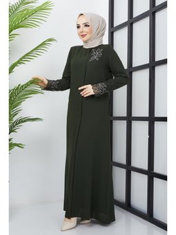 Büyük Beden Dantel Taş İşleme Detaylı Haki Ferace