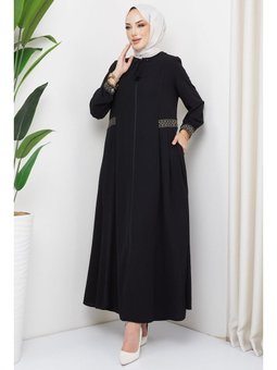 Nakışlı Büyük Beden Siyah Ferace
