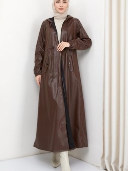 Kapüşonlu Bağlamalı Uzun Deri Trençkot Kahverengi Hm2336