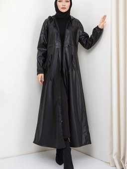 Kapüşonlu Bağlamalı Uzun Deri Trençkot Siyah Hm2336