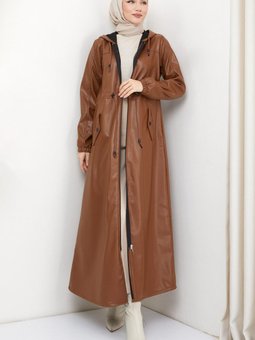 Kapüşonlu Bağlamalı Uzun Deri Trençkot Taba Hm2336