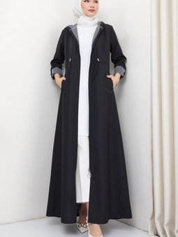 Kapüşonlu Çizgili Uzun Trençkot Siyah Hm2332