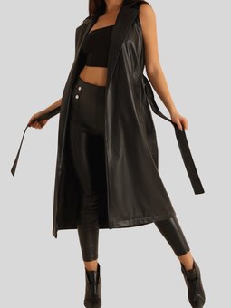 Siyah Kuşaklı Kruvaze Yaka Uzun Deri Yelek