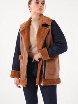 Denim Garnili Taba Biker Ceket