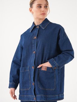 Oversize Deri Etiketli Koyu Mavi Denim Ceket