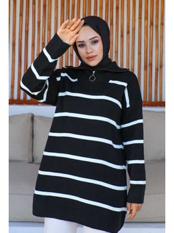 Siyah Yaka Fermuarlı Çizgili Tunik