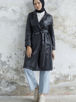 Darina Kuşaklı Deri Trenç Siyah