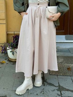 Cep Detaylı Kloş Keten Etek