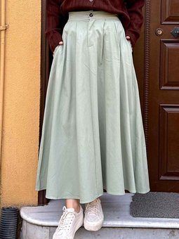 Cep Detaylı Kloş Keten Etek