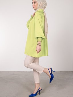 Boğaz Ve Manşet Detaylı Saten Tunik Neon Yeşil