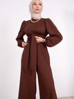 Geniş Kuşak Dolamalı Tulum Kahverengi